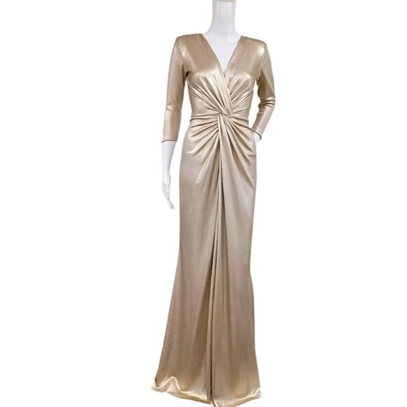 Chiara Boni made in Italy Metallic Gold Gown Size 0 Long Evening Pleated Waist D - Picture 5 of 12